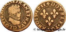 LOUIS XIII LE JUSTE Double tournois au petit buste enfantin col plat, de Lyon 1611 Lyon