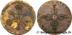LOUIS XIV LE GRAND OU LE ROI SOLEIL Six deniers dits Dardennes , surfrappé, refrappe 1712 Montpellier