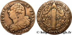 LOUIS XVI 2 sols dit au faisceau , type FRANÇOIS 1792 Metz