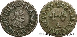 HENRY IV Denier tournois, 2e type de Paris (légende française) 1607 Paris, Moulin des Étuves