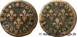 LOUIS XIII LE JUSTE Double tournois à la vieille tête, type de Warin, avec deux revers (perruque) 1643 Pont-de-l’Arche