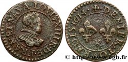 LOUIS XIII Denier tournois, petit buste adolescent au col plat d’Amiens 1614 Amiens