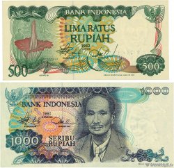 500 et 1000 Rupiah Lot INDONÉSIE  1980 P.119 et P.121 pr.NEUF