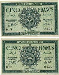 5 Francs Consécutifs ALGÉRIE  1942 P.091 pr.NEUF
