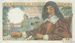 100 Francs DESCARTES FRANCE  1942 F.27.01 VF+