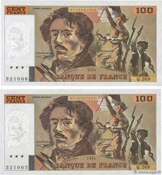 100 Francs DELACROIX 442-1 & 442-2 Consécutifs FRANCE  1994 F.69ter.01a