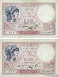 5 Francs FEMME CASQUÉE modifié Consécutifs FRANCE  1939 F.04.03