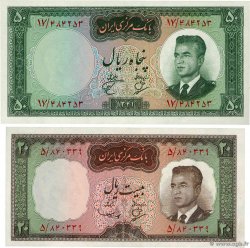 20 et 50 Rials Lot IRAN  1965 P.078a  et P.079b UNC