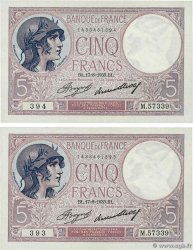 5 Francs FEMME CASQUÉE Consécutifs FRANCIA  1933 F.03.17 EBC