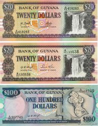 20 et 100 Dollars Lot GUYANA  1989 P.27, P.30b2 et P.31 SC+