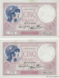 5 Francs FEMME CASQUÉE modifié Consécutifs FRANCE  1939 F.04.06