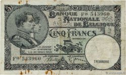 5 Francs BELGIQUE  1938 P.108a TTB