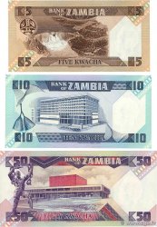 5, 10 et 50 Kwacha Lot ZAMBIE  1980 P.25d, P.26e et P.P.28a NEUF