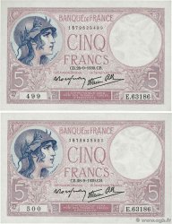 5 Francs FEMME CASQUÉE modifié Consécutifs FRANCE  1939 F.04.10 UNC-