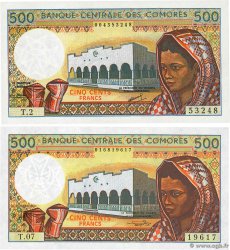 500 Francs Lot COMORES  1986 P.10a2 et P.10b3 NEUF