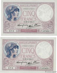 5 Francs FEMME CASQUÉE modifié Consécutifs FRANCIA  1940 F.04.18 SPL