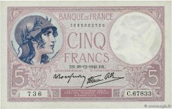 5 Francs FEMME CASQUÉE modifié FRANCIA  1940 F.04.18 SC