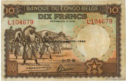 10 Francs CONGO BELGE  1942 P.14Ba TB