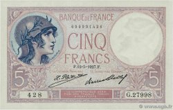 5 Francs FEMME CASQUÉE FRANCE  1927 F.03.11 AU-