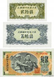 20 et 50 Chon et 1 Won Lot COREA DEL NORD  1947 P.06b, P.07b et P.08b q.FDC