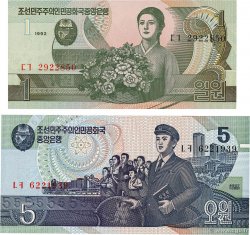1 et 5 Won Lot CORÉE DU NORD  1992 P.39a et P.40b