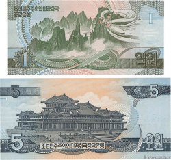 1 et 5 Won Lot CORÉE DU NORD  1992 P.39a et P.40b NEUF
