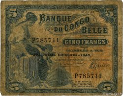 5 Francs BELGIAN CONGO  1943 P.13Ab G