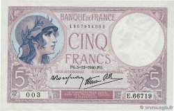 5 Francs FEMME CASQUÉE modifié FRANKREICH  1940 F.04.16 fST+