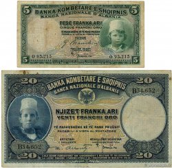 5 et 20 Franka Ari Lot ALBANIA  1926 P.02b et P.03 BC