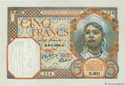 5 Francs ALGERIA  1941 P.077a AU-