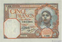 5 Francs ALGÉRIE  1929 P.077a SUP+