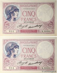 5 Francs FEMME CASQUÉE Consécutifs FRANCE  1933 F.03.17 UNC-