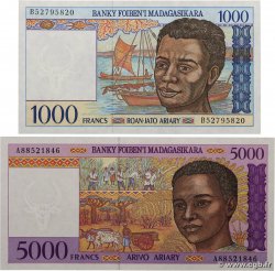 1000 Francs - 2000 Ariary et 5000 Francs - 1000 Ariary Lot MADAGASCAR  1994 P.076b et P.078b