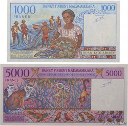 1000 Francs - 2000 Ariary et 5000 Francs - 1000 Ariary Lot MADAGASCAR  1994 P.076b et P.078b UNC-