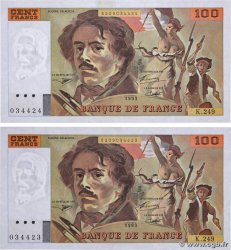 100 Francs DELACROIX imprimé en continu Consécutifs FRANCE  1993 F.69bis.08 XF