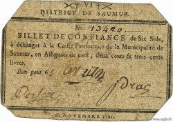 6 Sols FRANCE régionalisme et divers Saumur 1791 Kc.49.035 TB+