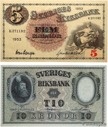 5 et 10 Kronor Lot SUÈDE  1952 P.33ai et P.43h SC+