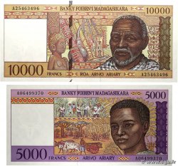 5000 Francs - 1000 Ariary et 10000 Francs - 2000 Ariary Lot MADAGASCAR  1995 P.078a et P.079a