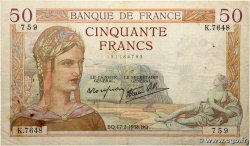 50 Francs CÉRÈS modifié FRANCE  1938 F.18.09