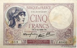 5 Francs FEMME CASQUÉE modifié FRANCE  1939 F.04.14