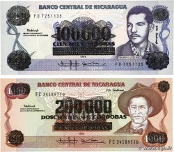 100000 Cordobas sur 100 Cordobas et 200000 Cordobas sur 1000 Cordobas Lot NICARAGUA  1989 P.159 et P.162 NEUF