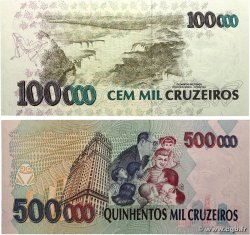 100000 et 500000 Cruzeiros Lot BRÉSIL  1992 P.235a et P.236c NEUF