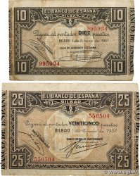 10 et 25 Pesetas Lot SPAIN Bilbao 1937 PS.562f et PS.563g