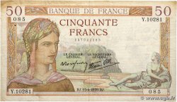 50 Francs CÉRÈS modifié FRANCE  1939 F.18.26