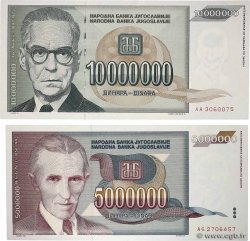 5000000 et 10000000 Dinara Lot YOUGOSLAVIE  1993 P.121 et P.122
