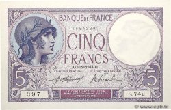 5 Francs FEMME CASQUÉE FRANCE  1918 F.03.02 UNC-