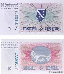 1 et 5 Dinara Lot BOSNIA HERZEGOVINA  1994 P.039a et P.040a UNC