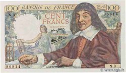 100 Francs DESCARTES FRANCE  1942 F.27.01 UNC-