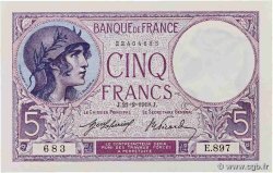 5 Francs FEMME CASQUÉE FRANCE  1918 F.03.02 UNC-