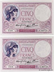 5 Francs FEMME CASQUÉE modifié Consécutifs FRANCE  1940 F.04.16 UNC